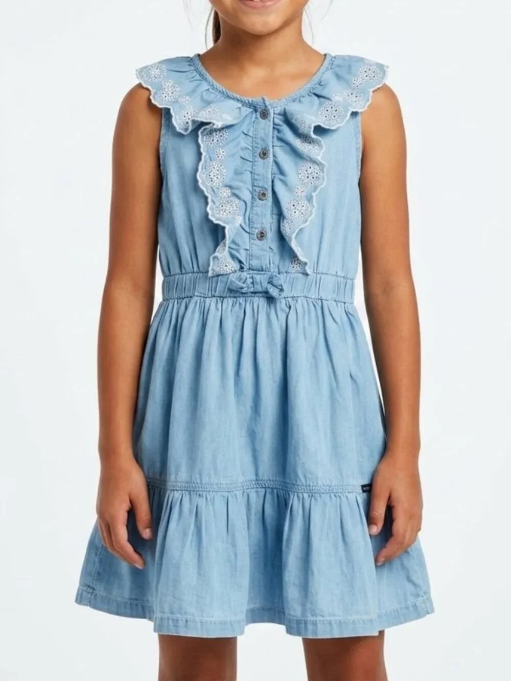 Calvin Klein Cottagecore Denim Ruffle Dress Kids Size 8 Eyelet Lace Chambray